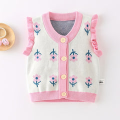 Baby Girl Knitted Sweater Vest Ruffle Trim Flower Print Cardigan Vest
