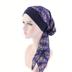 Print Lace Up Bonnet Cap Long Hair Satin Silky Night Cap