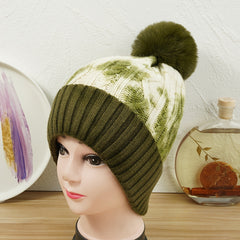 Tie Dye Fleece Pom Pom Beanie Hat Winter Warm Thick Knit Hat
