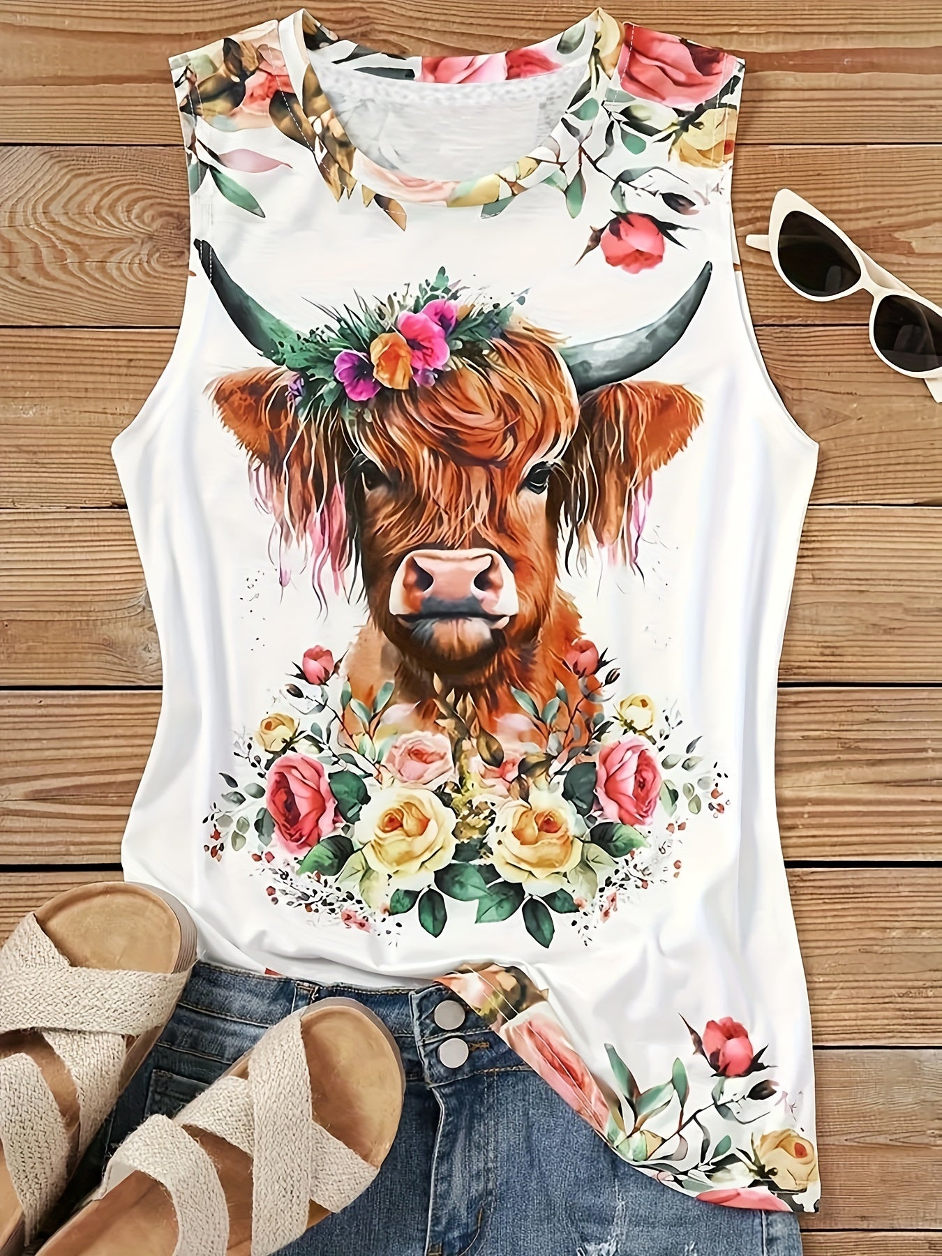 Floral & Cattle Print Tank Top Sleeveless Casual Summer Women's Clothing