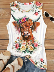 Floral & Cattle Print Tank Top Sleeveless Casual Summer Women's Clothing