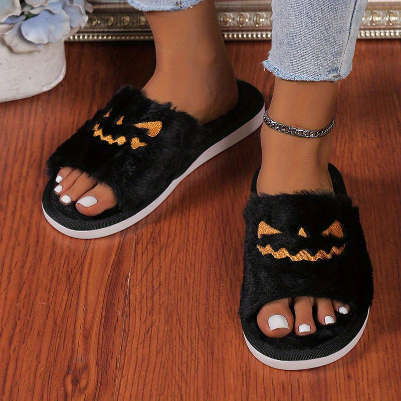 Women's Halloween Pumpkin Lantern Plush Lined Slippers
