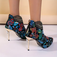 Floral Print Rhinestone Stiletto Heel Boots