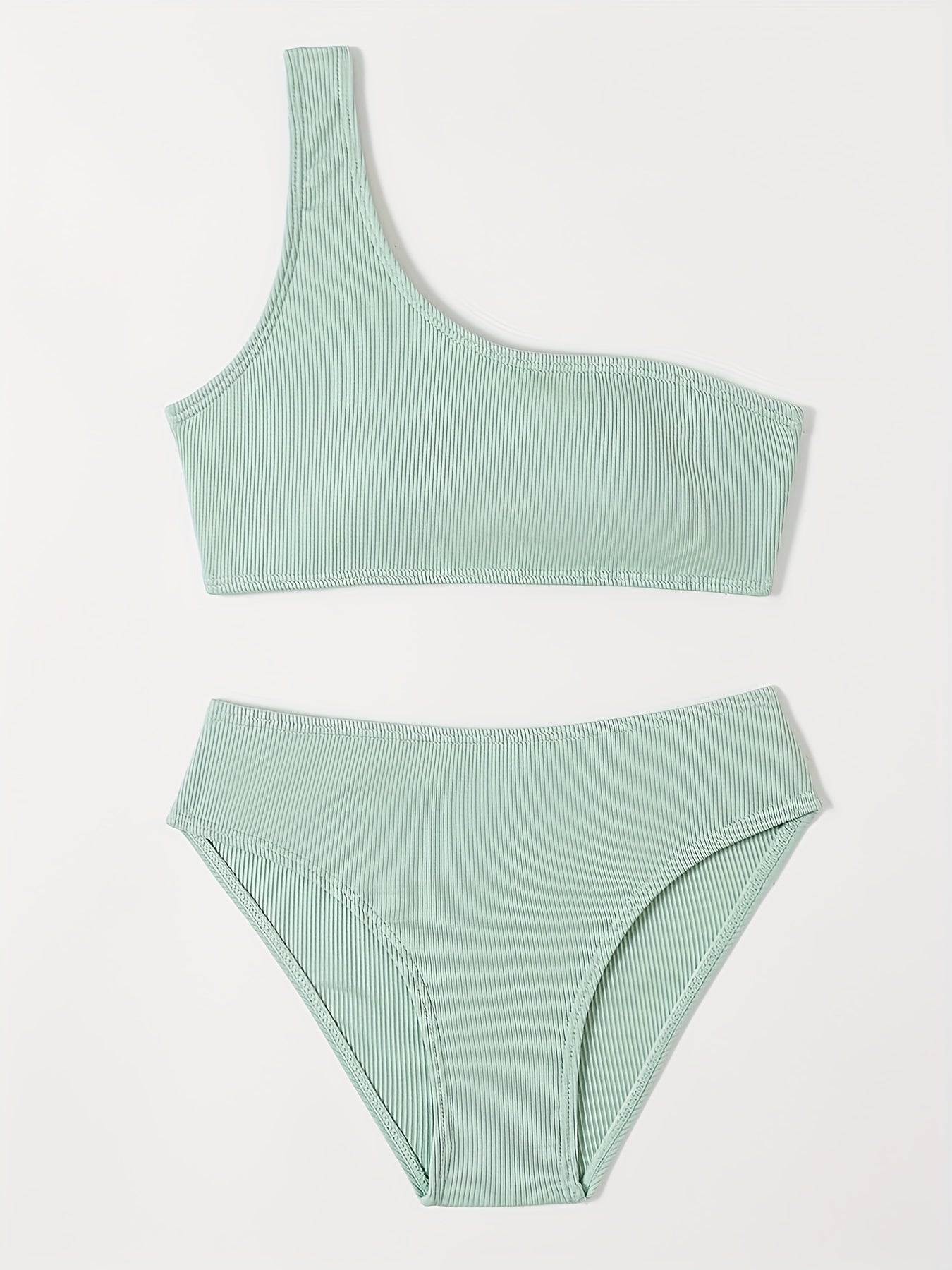 Girl's Solid Bikini Set One Shoulder Tank Top & Briefs