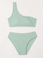 Girl's Solid Bikini Set One Shoulder Tank Top & Briefs