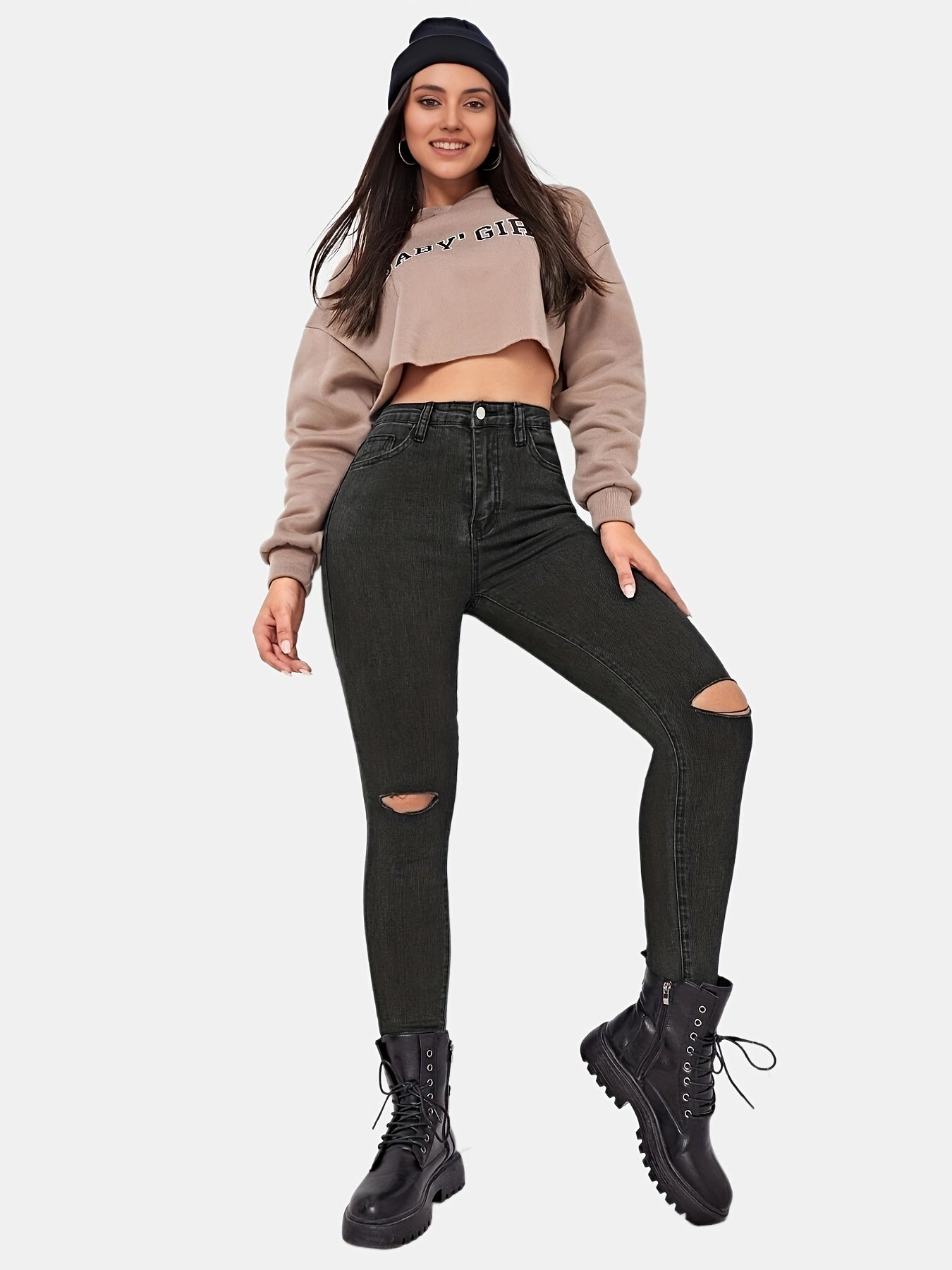 Ripped Holes Skinny Jeans Slim Fit Slash Pockets Mid Stretch Denim Pants