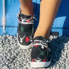 Christmas Deer Pattern Sneakers - Women's Flat Casual Shoe