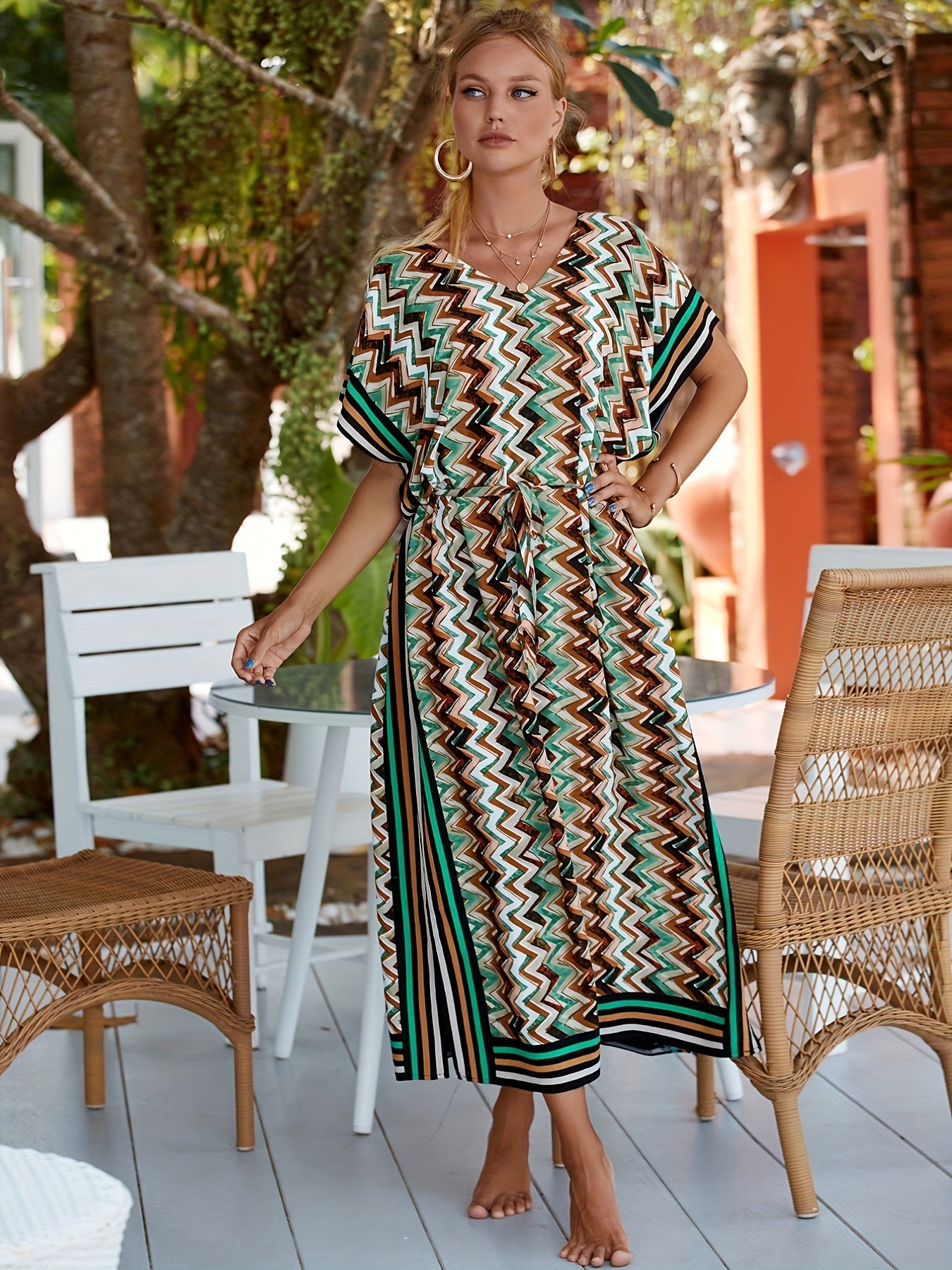 Chevron V Strips Belt Cover Up Kaftan