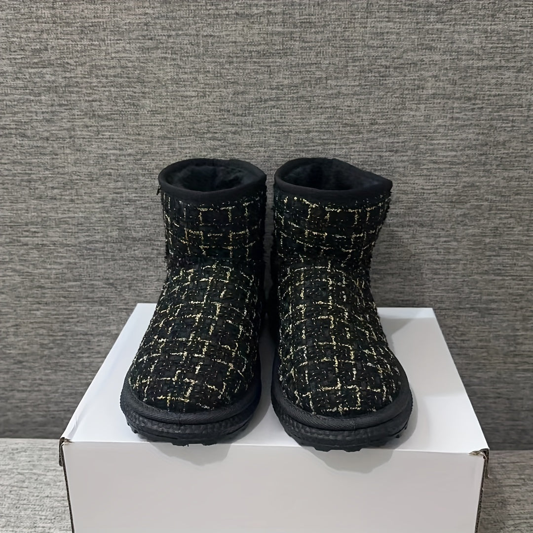Women's Plaid Winter Snow Boots Round Toe Anti-slip Ankle Boots