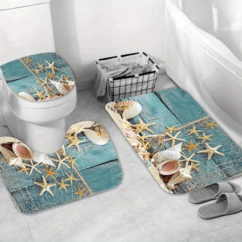 3pcs Starfish Shower Curtain & Bath Mat Set with Shell Ocean Beach Print