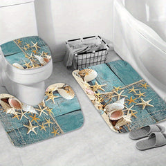 3pcs Starfish Shower Curtain & Bath Mat Set with Shell Ocean Beach Print