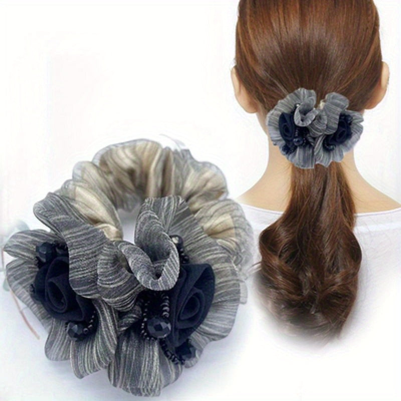 Vintage Mesh Flower Beaded Hair Scrunchie Ponytail Holder