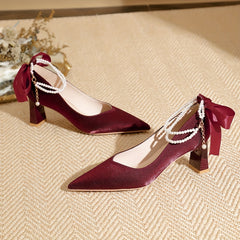 Pearl Chain Chunky Heel Wedding Pumps Bowknot Detail