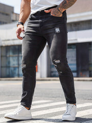 Slim Fit Ripped Jeans Men's Distressed Mid Stretch Denim Pants