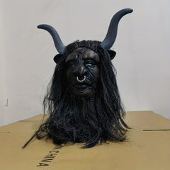 Goat Skull Mask with Long Hair and Horns Adult Halloween Costume Accessory