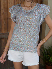 Floral Print Ruffle Trim Cap Sleeve Top