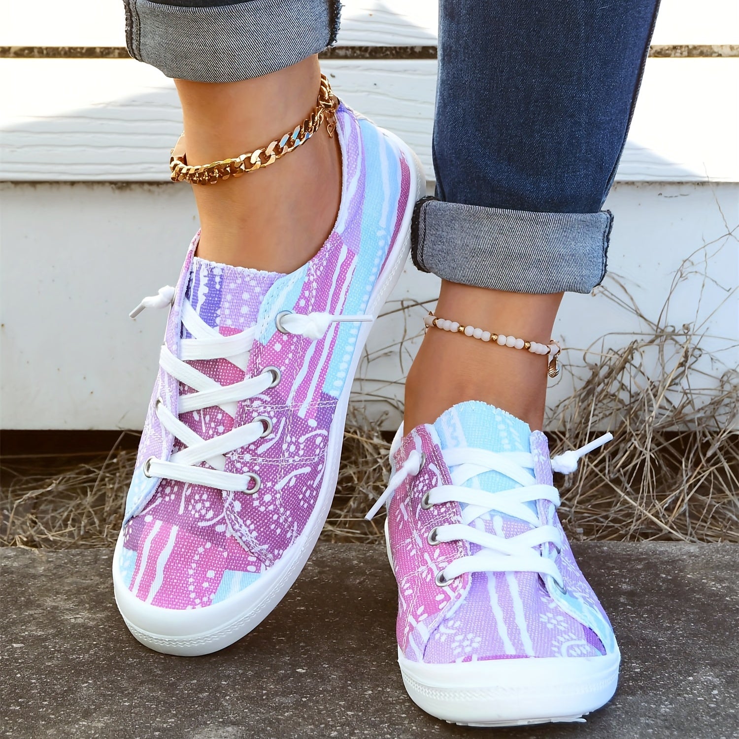 Women's Block Flower Walking Shoes Lace Up Low Top Casual Flat Sneakers
