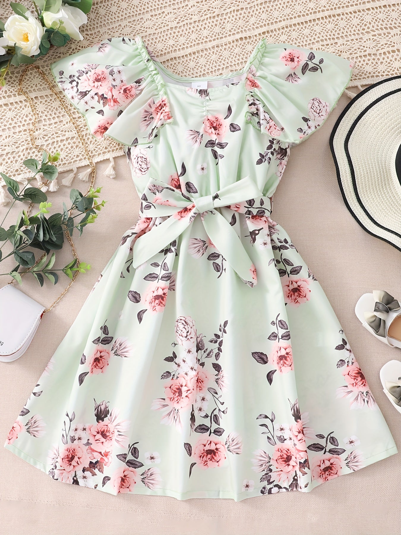 Toddler Girls Ruffle Trim Flowers Graphic Princess Belted Dress