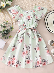 Toddler Girls Ruffle Trim Flowers Graphic Princess Belted Dress