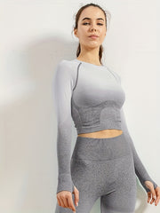 Long Sleeves Yoga T Shirt Mid Stretch Round Neck With Thumb Holes