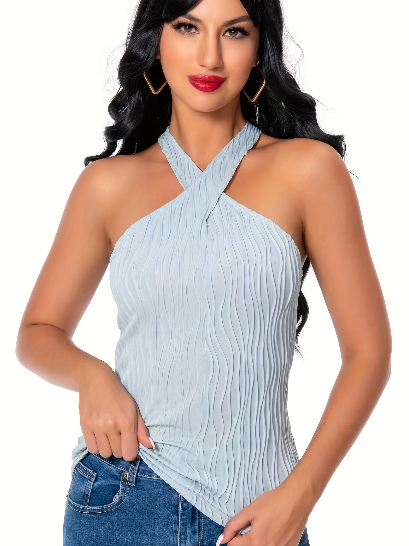 Ripple Slim Halter Top Sleeveless Summer Keyhole Sexy