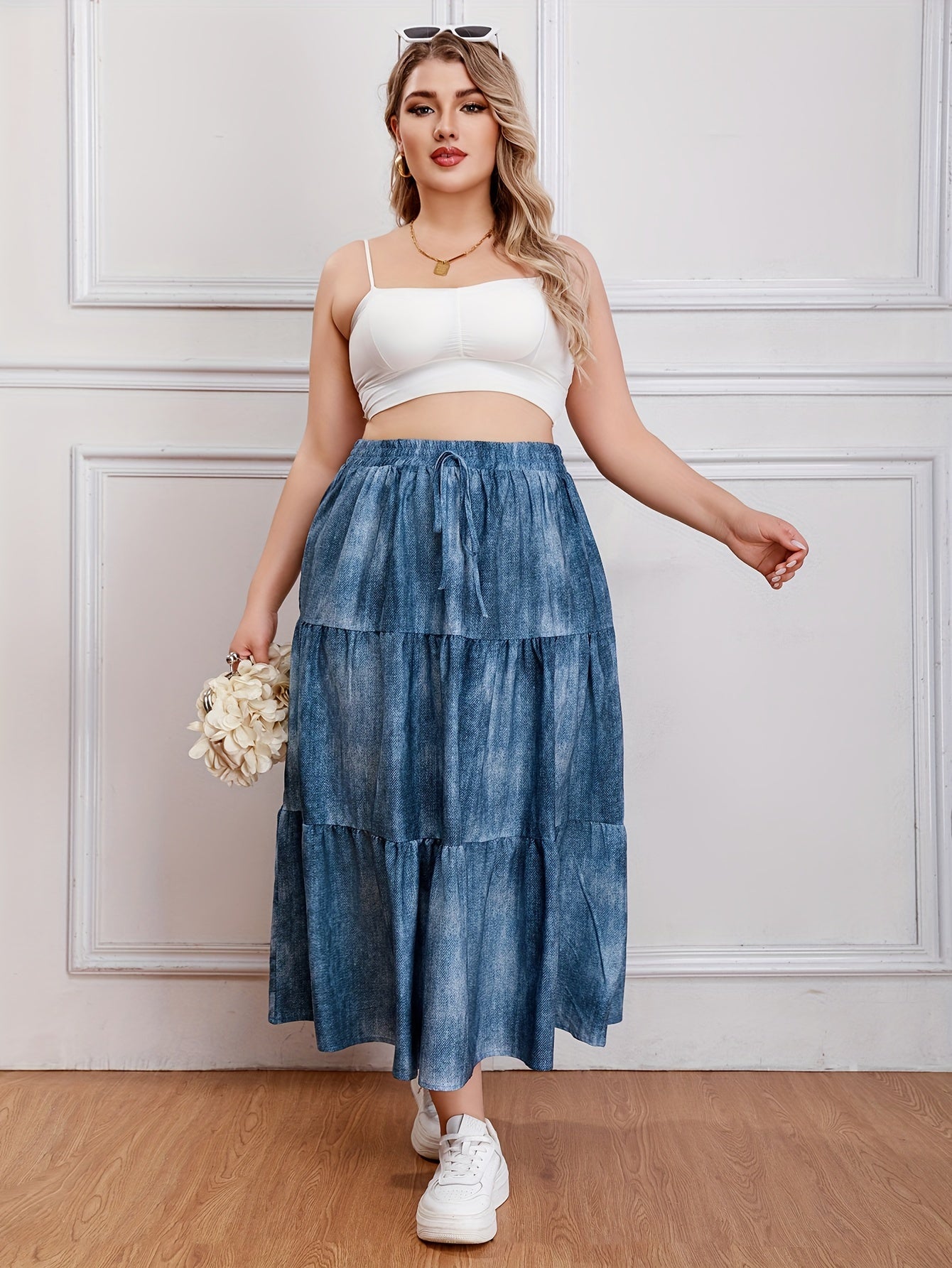 Ombre Denim Print Elastic High Rise Maxi Skirt