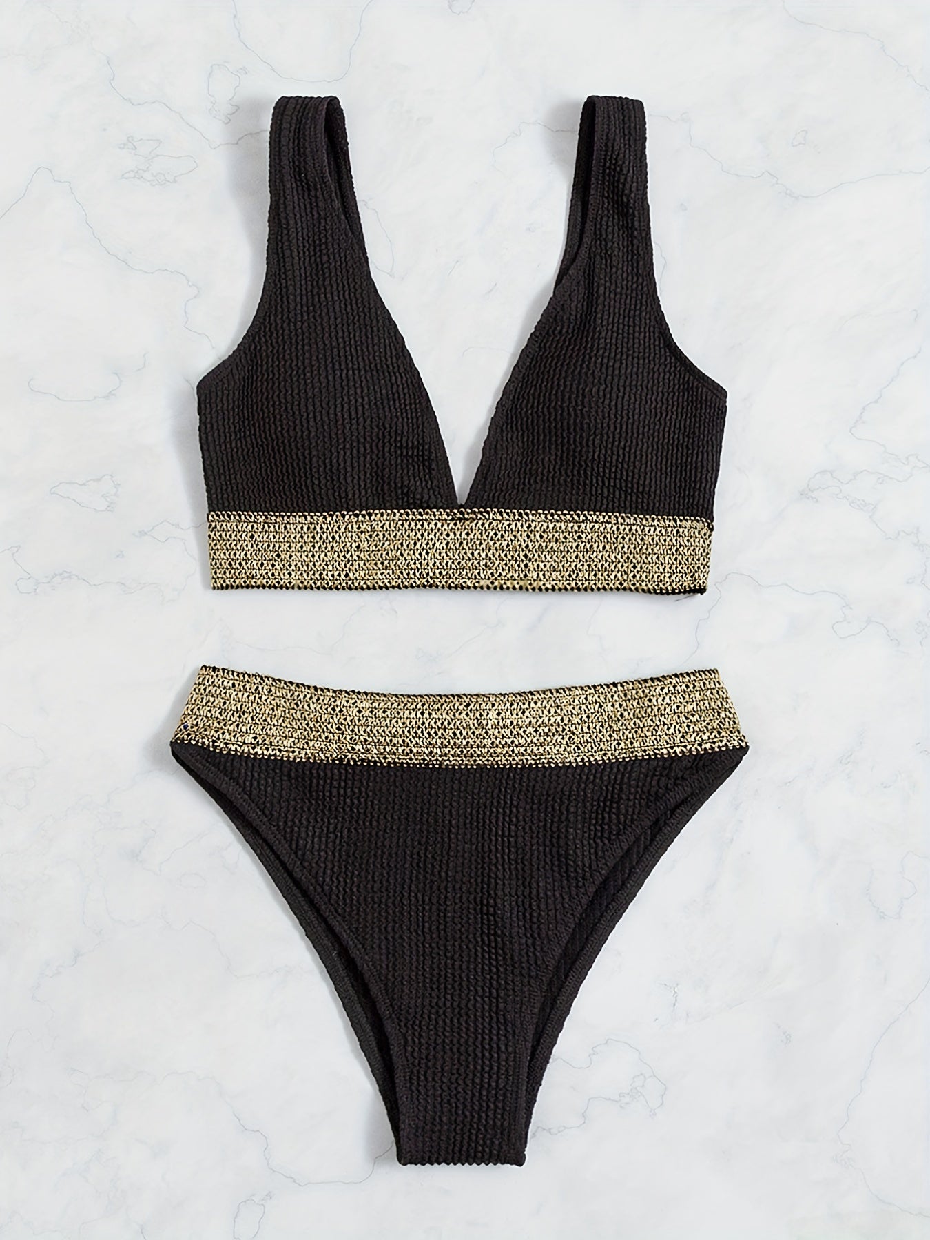 V Neck Striped Band Bikini Set High Cut Swimsuit
