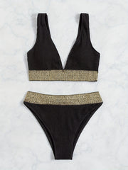 V Neck Striped Band Bikini Set High Cut Swimsuit