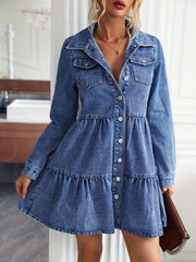 Denim Dress Long Sleeve Button Up Collar Mini Smock