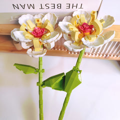 2pcs Daisy Building Block Flowers DIY Toy & Desk Decor, Yellow Petals, Green Ste