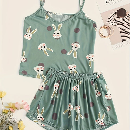 Cartoon Rabbit Print V Neck Cami & Shorts Plus Size Pajama Set