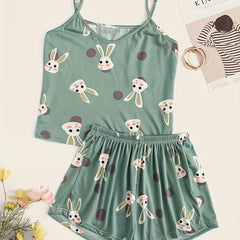 Cartoon Rabbit Print V Neck Cami & Shorts Plus Size Pajama Set