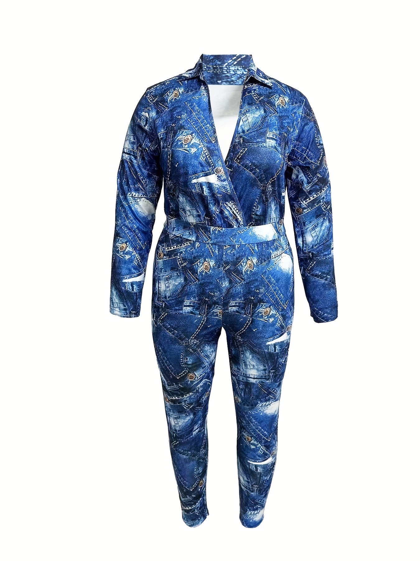 Denim Print Long Sleeve Lapel Collar Jumpsuit