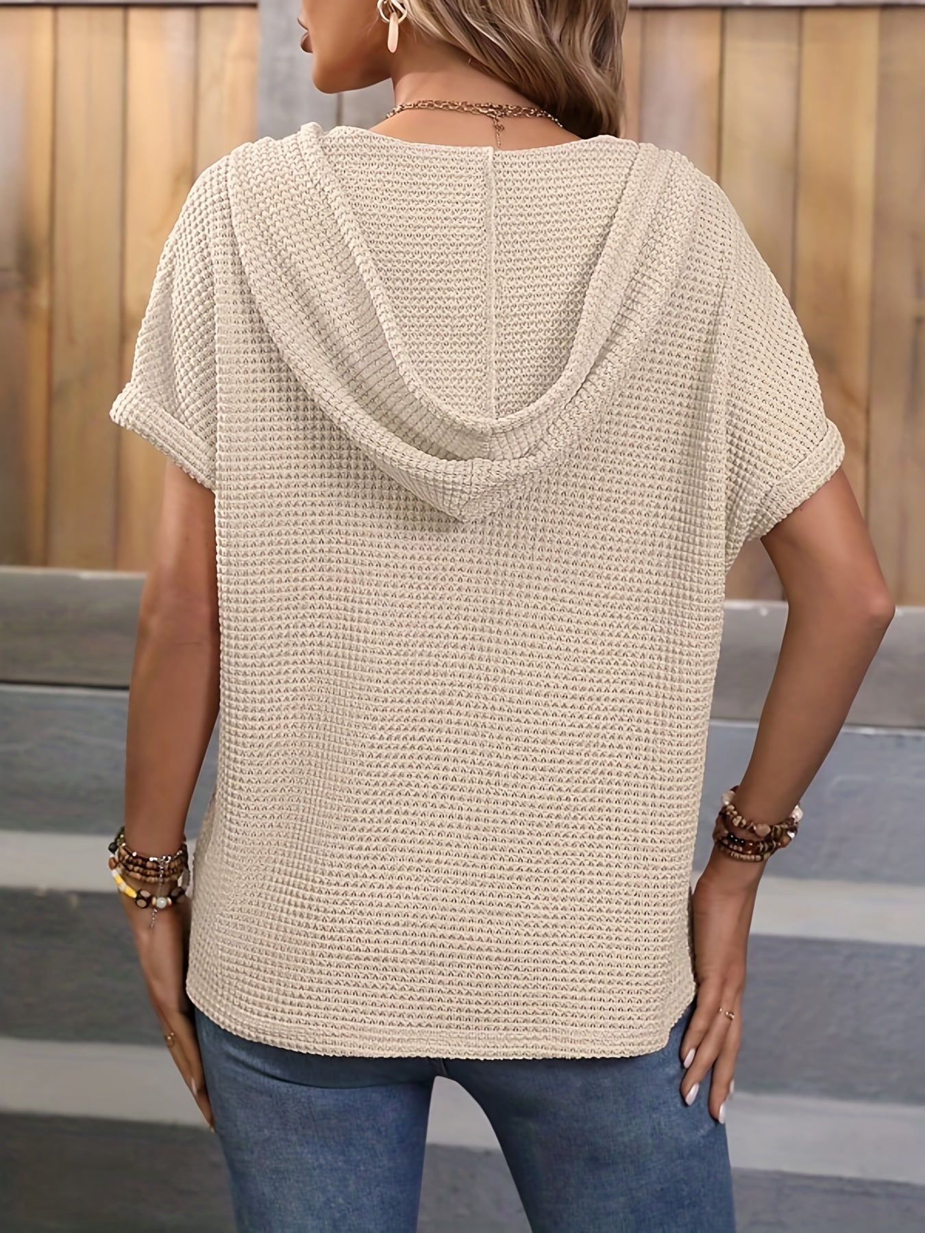 Solid Waffle Button Front Hoodie Casual Short Sleeve Drawstring Hoodies Top