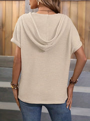 Solid Waffle Button Front Hoodie Casual Short Sleeve Drawstring Hoodies Top