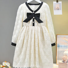 Floral Lace Dress with Bow Front Long Sleeve for Girls