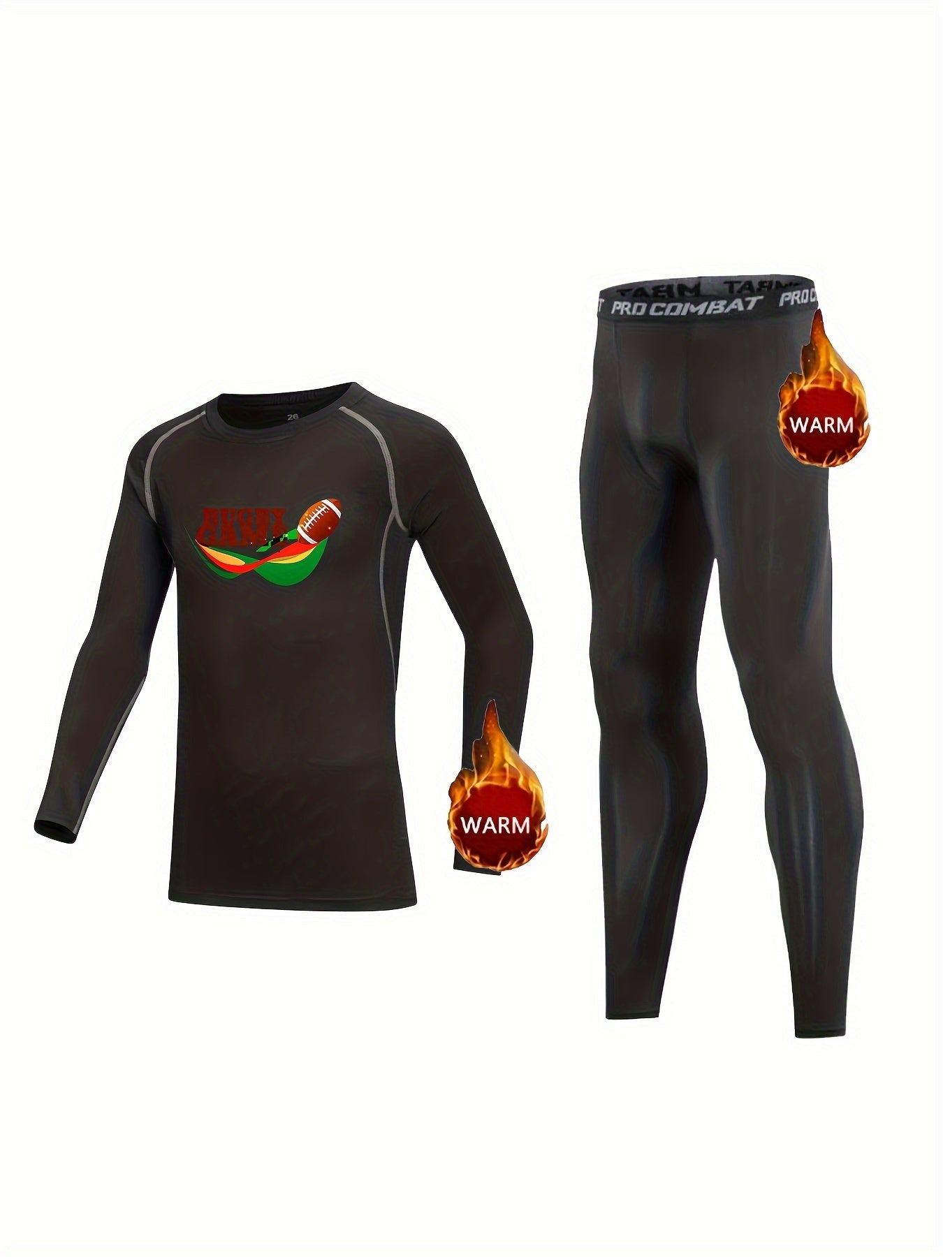 Kids Compression Fleece Set Cartoon Football Pattern Crew Neck Pullover & Pants