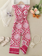 Toddler Girls Ruffle Trim Abstract Graphic Belted Cami Rompers
