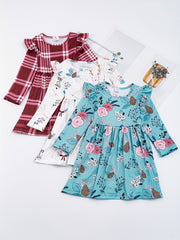 Toddler Girls Ruffled Sleeves Polka Dot Leopard Sunflower Princess Dress