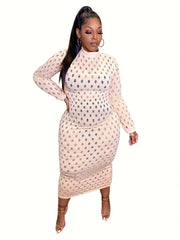 Sexy Hollow Out Long Sleeve High Neck Dress