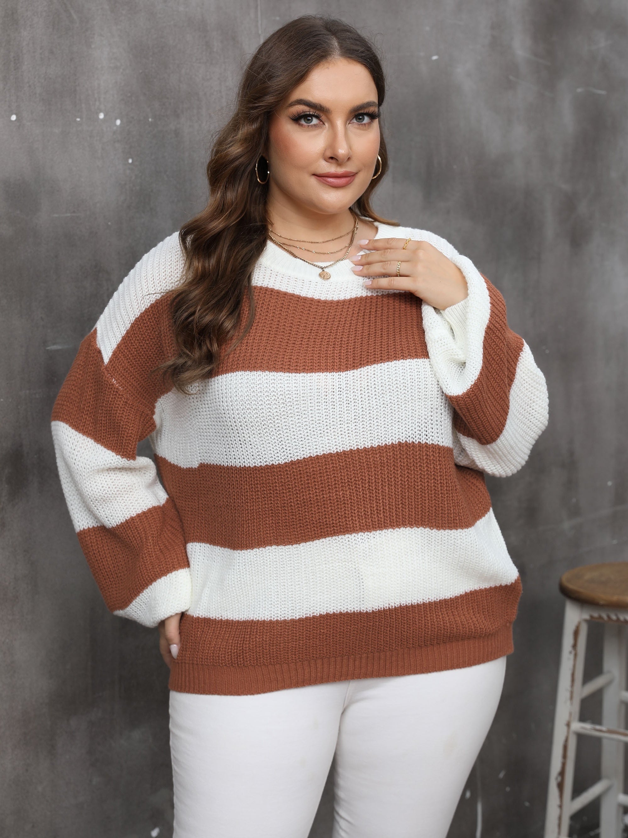 Casual Sweater Women's Plus Stripe Print Drop Shoulder Lantern Sleeve