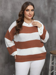Casual Sweater Women's Plus Stripe Print Drop Shoulder Lantern Sleeve