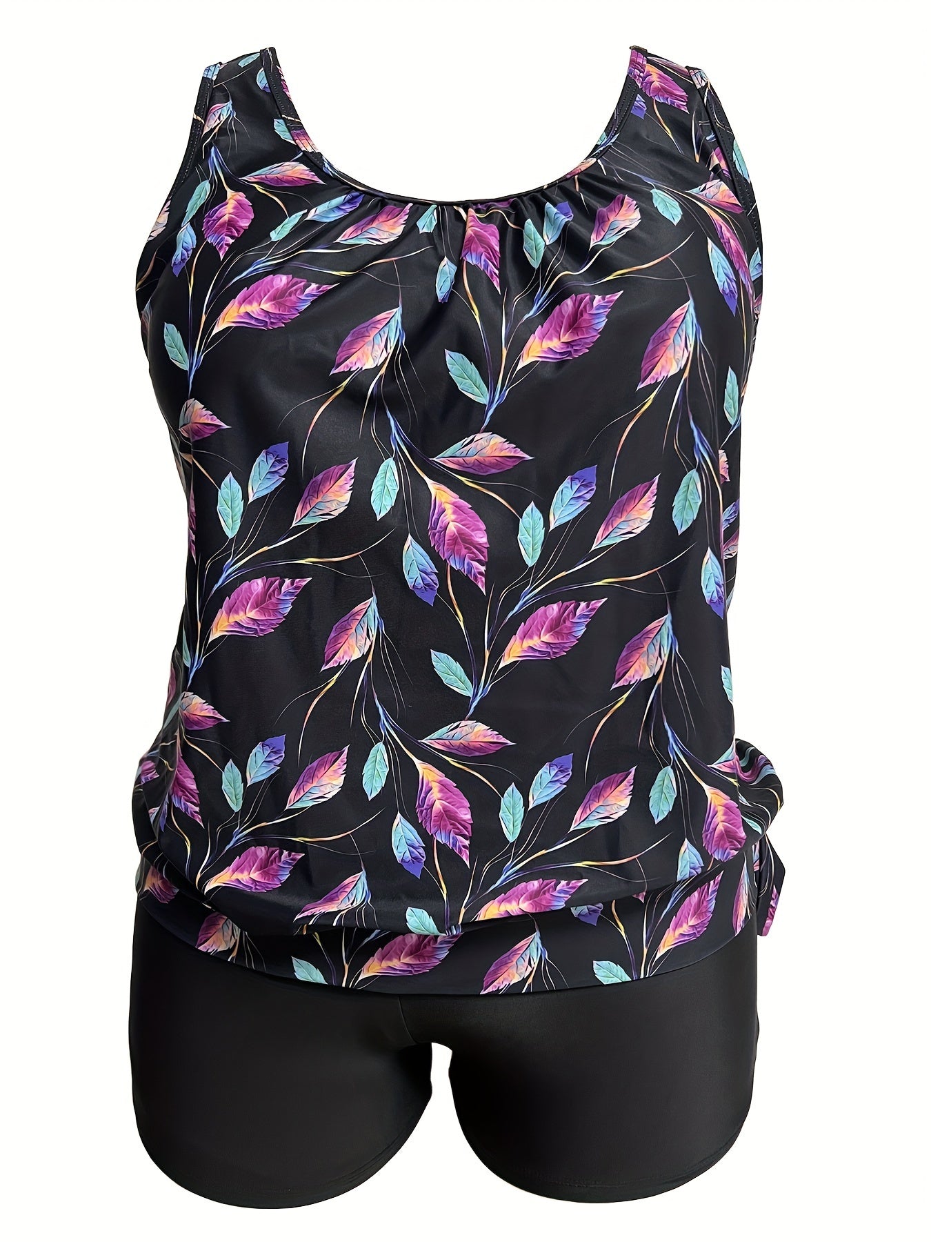 Modest Tankini Set Leaf Print Tie Side Tank Top & Shorts