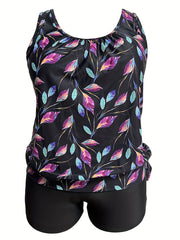 Modest Tankini Set Leaf Print Tie Side Tank Top & Shorts