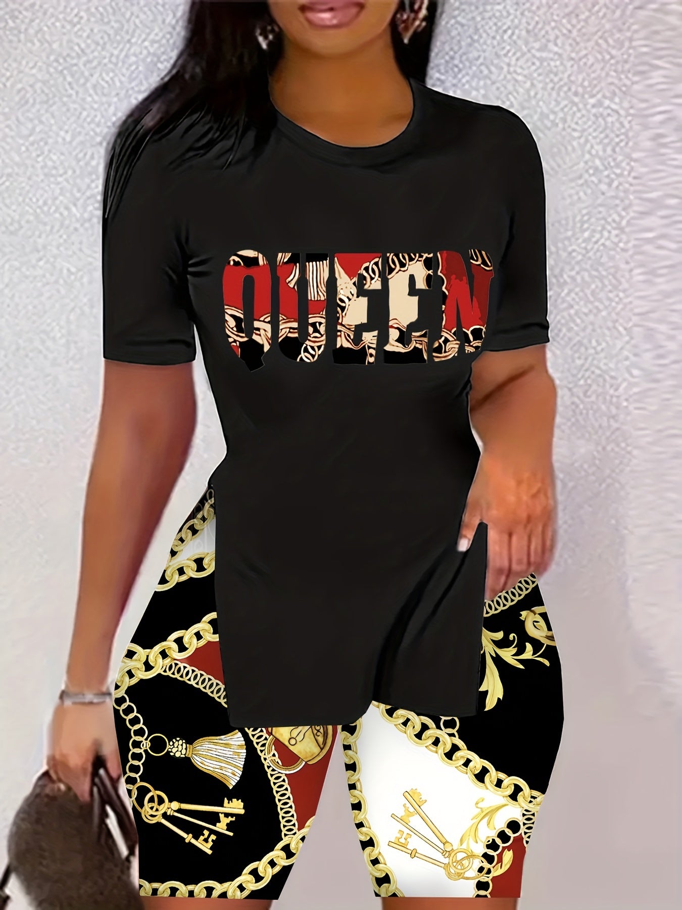 Letter Print 2pc Set Split T-shirt & Biker Shorts Outfits Women's Clothing