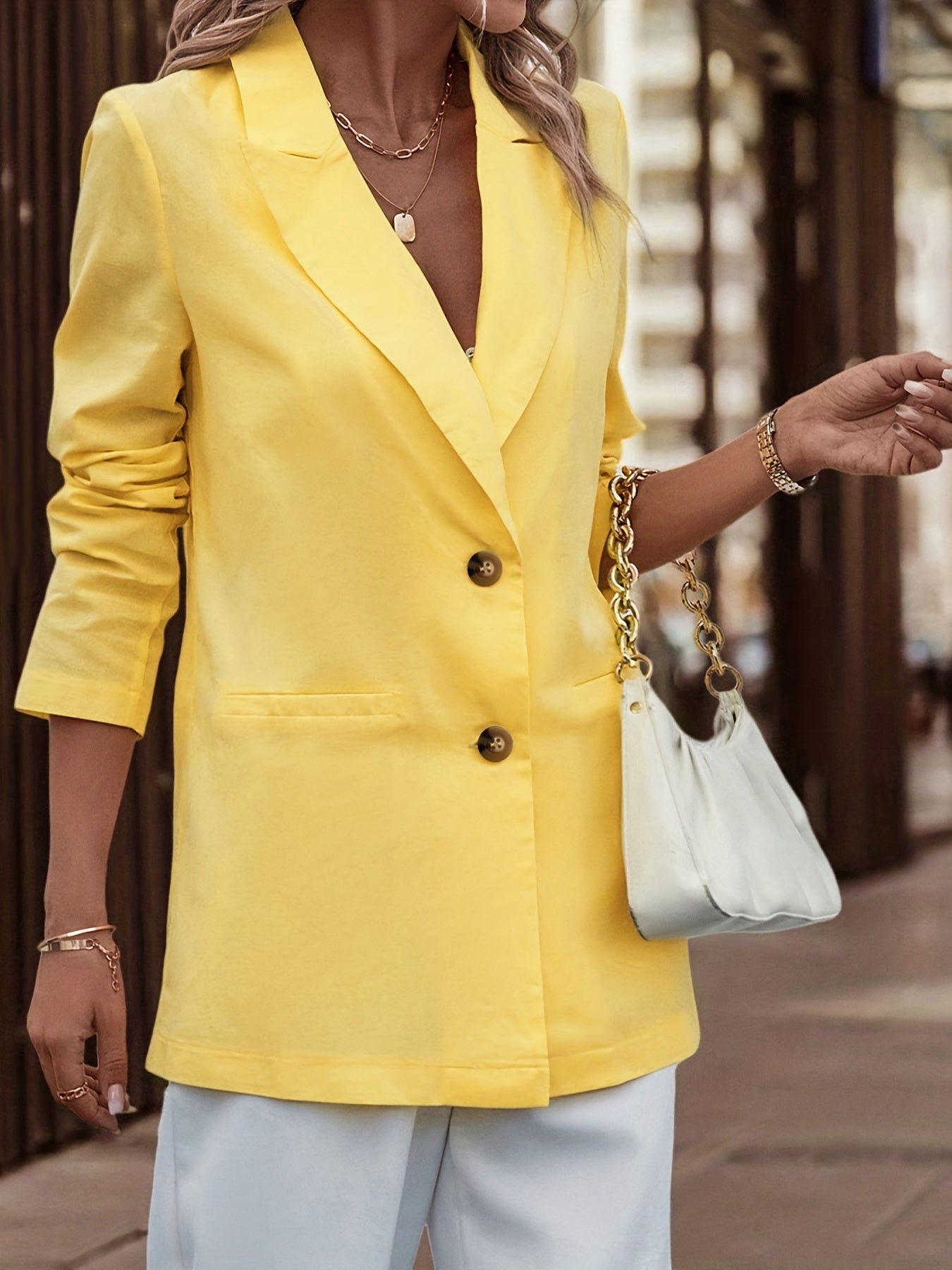 Solid Button Lapel Neck Blazer for Office & Work Women's Clothing