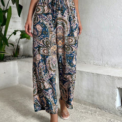 Paisley Print Wide Leg Pants Boho Shirred Waist Pants