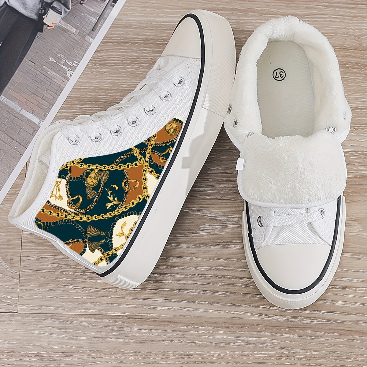 Retro Chain Print Plush Lined Thermal Chunky Canvas Sneakers