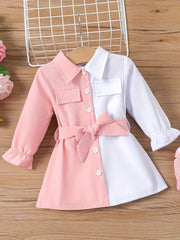 Baby Girl Stylish Dress Up Single Breasted Belted Casual Dress
