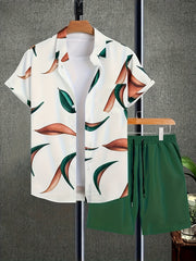 Men's Leaf Print Hawaii T shirt & Beach Shorts Matching Set